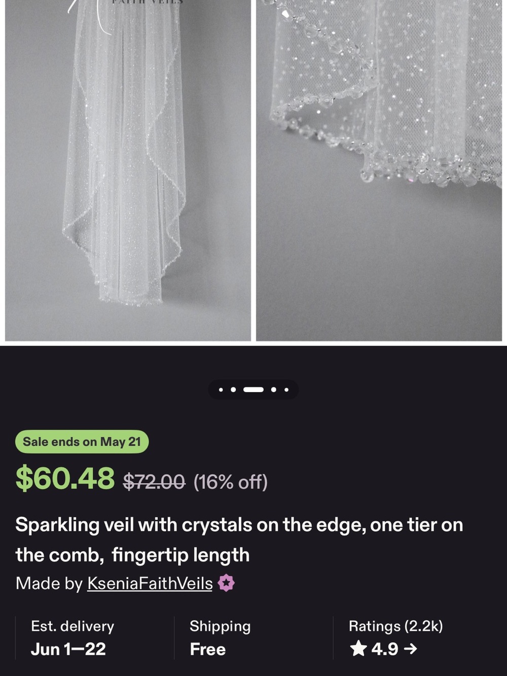 Sparkling Crystal-Edged Wedding Veil - White - Picture 9 of 12